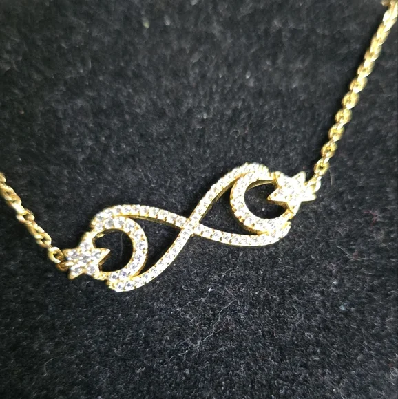 White Sapphire Sterling & Gold Infinity Crescent Moon & Star Bracelet 8" - Picture 3 of 10